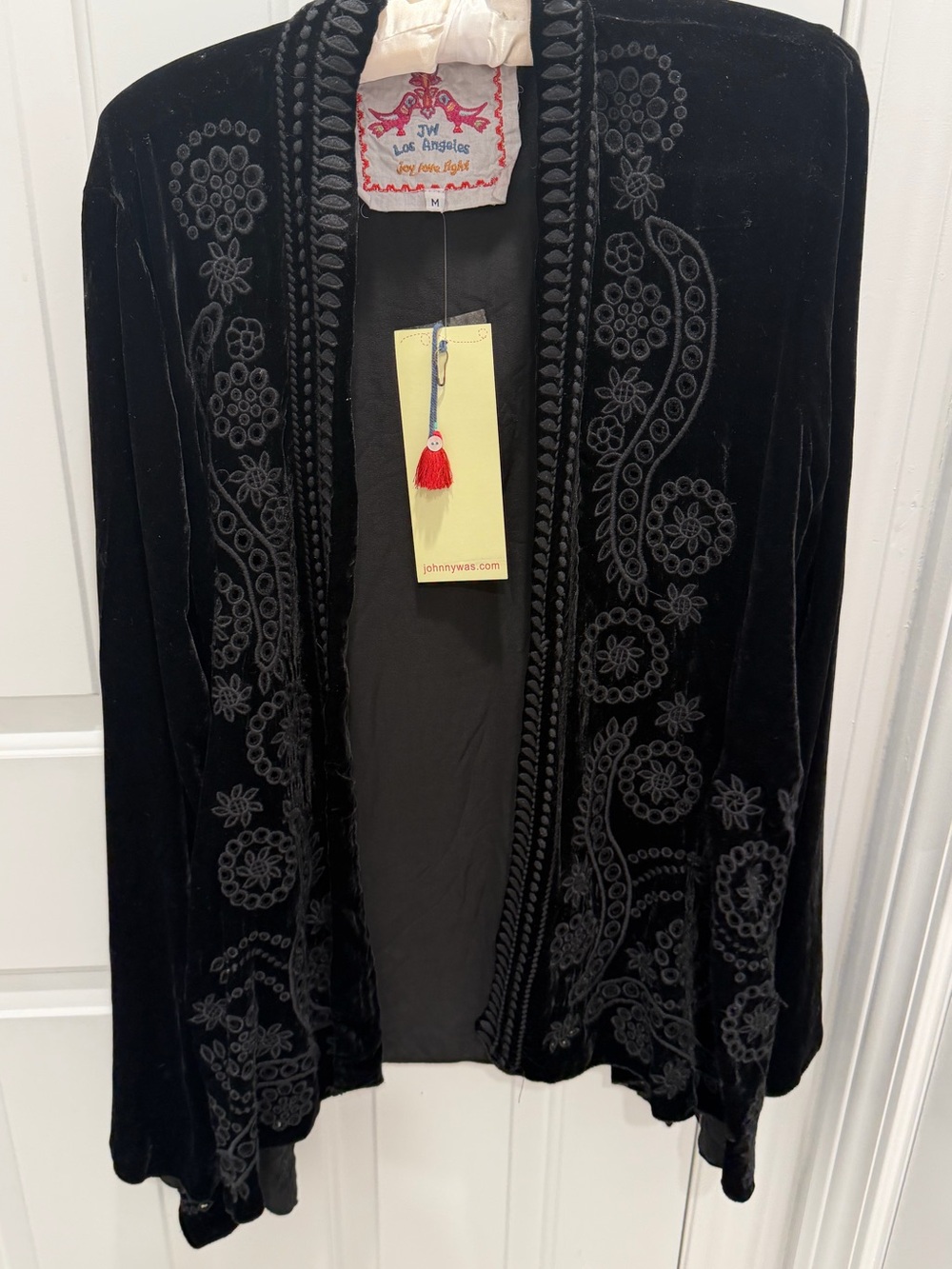 NWT Johnny Was JW Los Angeles Black Silk Velvet Embroidered Kimono Cardigan